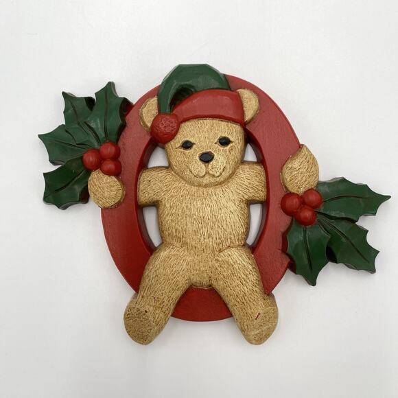 Home Interiors Homeco JOY Teddy Bear Christmas Wall Decor Plaques Holly Vintage - Picture 6 of 12